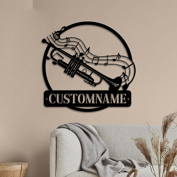 Custom Trumpet Musical Instrument Metal Wall Art, Personalized Trumpet Player Metal Name Sign, Trumpet Music Studio Music Room Metal Home Decor