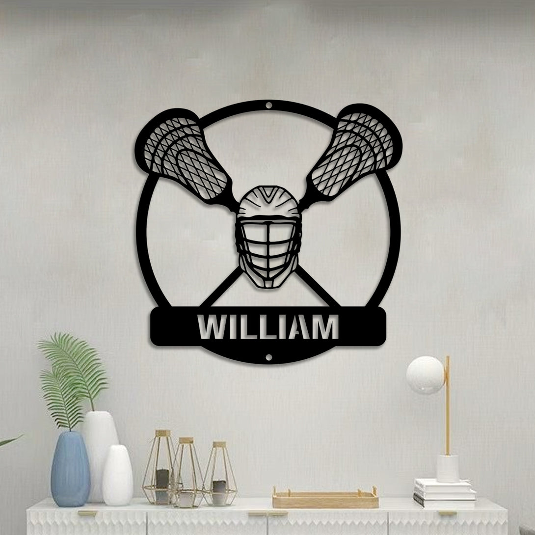 Custom Cross Lacrosse Sticks And Helmet Metal Sign, Personalized Lacrosse Player Metal Name Sign, Lacrosse Sport Sign Metal Wall Art