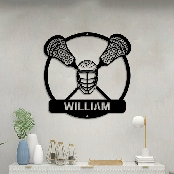 Custom Cross Lacrosse Sticks And Helmet Metal Sign, Personalized Lacrosse Player Metal Name Sign, Lacrosse Sport Sign Metal Wall Art
