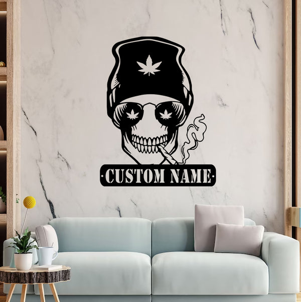 Custom Skull Smoking Weed Metal Wall Art, Marijuana Skull Metal Sign Art Decoration, Skull Smoking Cigarette Cannabis Sign Mancave Decor