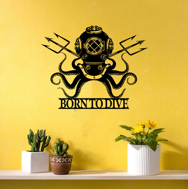 Custom Octopus Diving Helmet Metal Wall Art, Personalized Scuba Diver Metal Name Sign, Octopus Diving Nautical Beach House Metal Sign Art