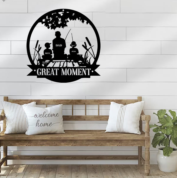 Custom Dad Daughter Son Fishing Metal Wall Art, Personalized Fisher Family Metal Name Sign, Father Son Fishing Outdoor Metal Sign Art