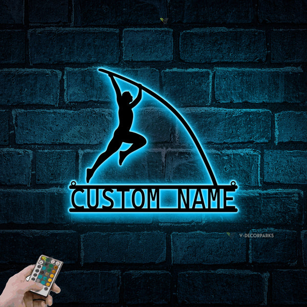 Personalized Pole Vault Metal Sign With Led Lights, Custom Pole Vaulter Metal Name Sign, Pole Vaulting Sport Metal Wall Hanging Sign