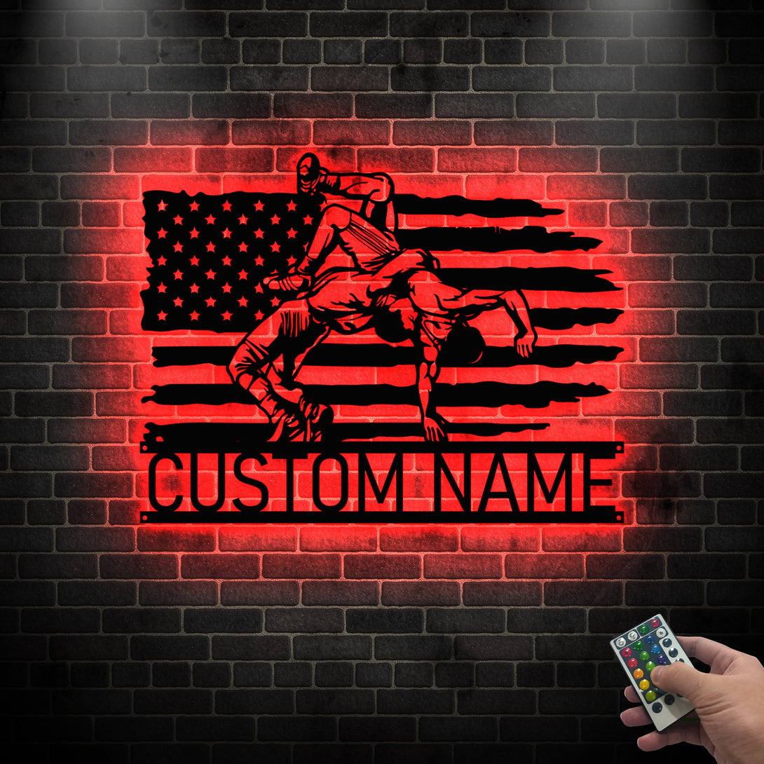 Personalized Us Flag Wrestling Metal Sign Led Lights, Custom Wrestler Metal Name Sign, Wrestling Team Metal Sign Art, Metal Wrestling Sport Sign
