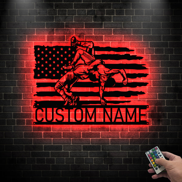 Personalized Us Flag Wrestling Metal Sign Led Lights, Custom Wrestler Metal Name Sign, Wrestling Team Metal Sign Art, Metal Wrestling Sport Sign