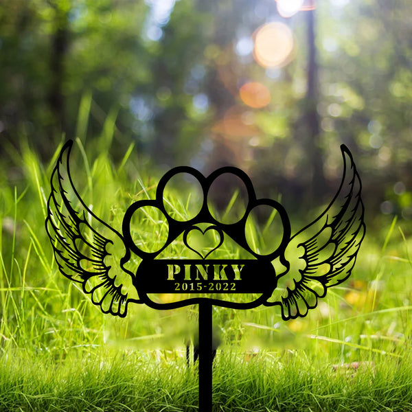 Custom Paw With Angel Wings Pet Memorial Stake, Pawprint Memorial Metal Grave Marker, Loss Of Beloved Pet Metal Garden Stake, Pet Sympathy Sign