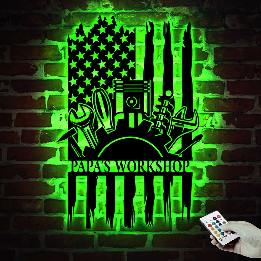 Custom Us Flag Mechanic Tools Repair Metal Wall Art Led Lights, Personalized Mechanic Garage Metal Decor, Papa Workshop Garage Metal Sign Art