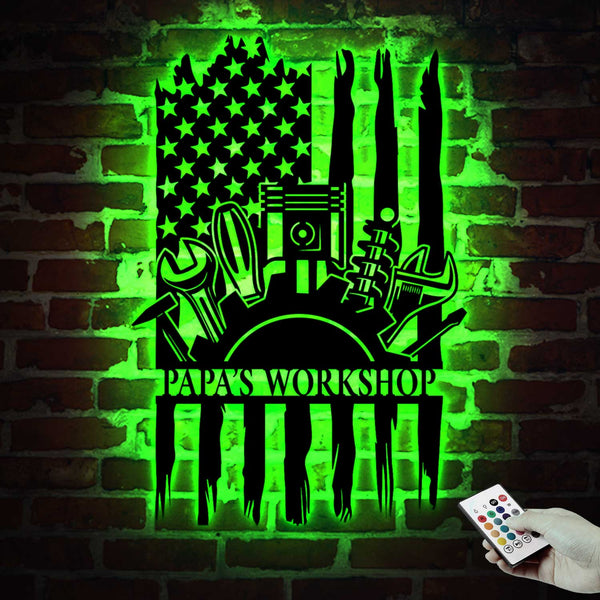 Custom Us Flag Mechanic Tools Repair Metal Wall Art Led Lights, Personalized Mechanic Garage Metal Decor, Papa Workshop Garage Metal Sign Art