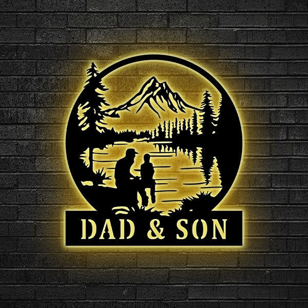 Custom Dad And Son Fishing Metal Wall Art Led Lights, Personalized Father & Son Fisherman Metal Name Sign, Outdoor Fishing Lake House Metal Decor