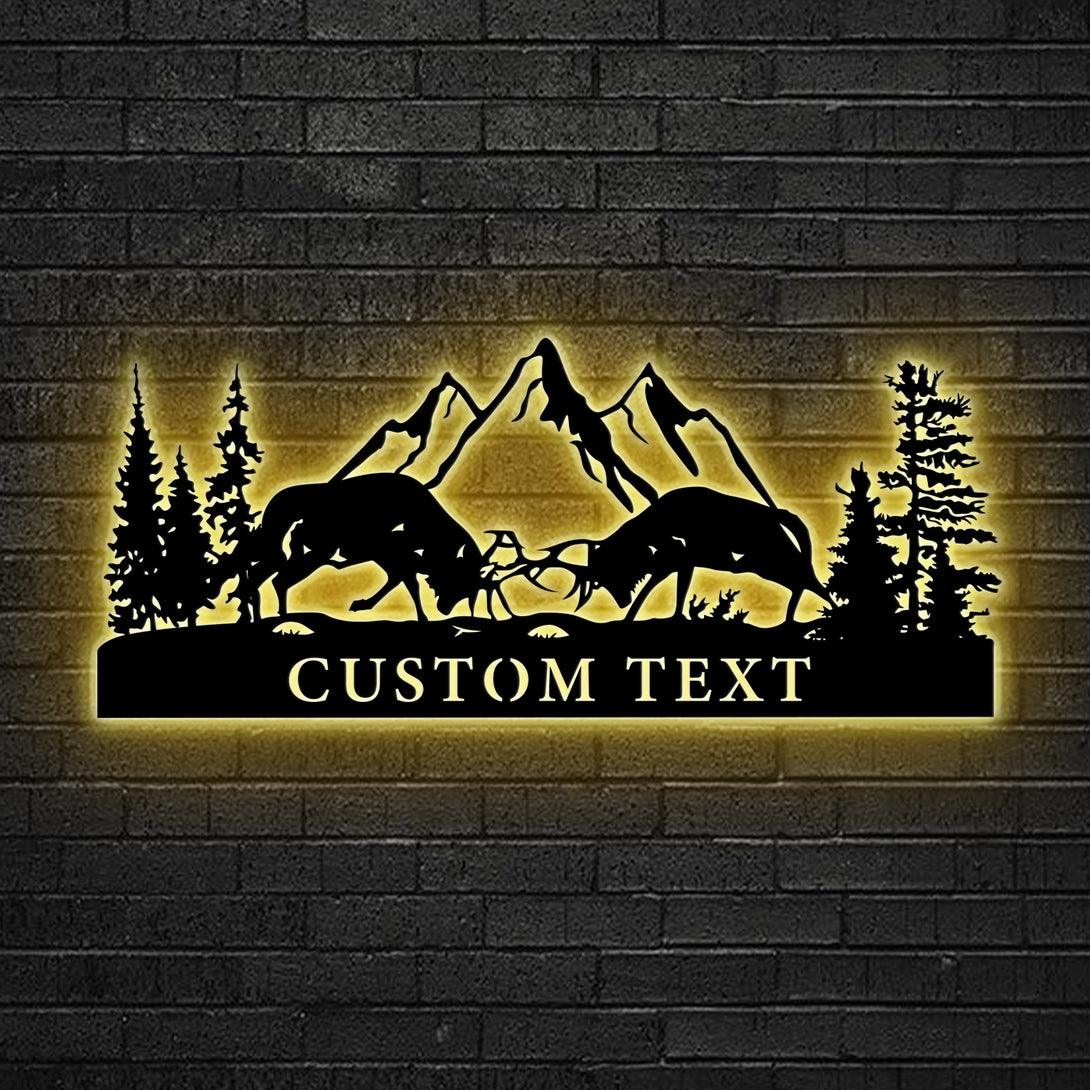 Custom Dueling Caribou Elk Deer Metal Wall Art With Led Light, Personalized Elk Deer Metal Cabin Sign, Elk Deer Metal Mancave Cabin Decor