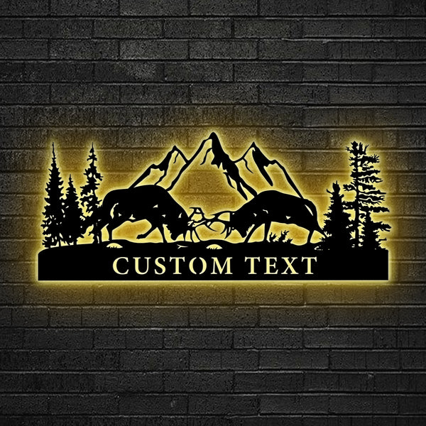 Custom Dueling Caribou Elk Deer Metal Wall Art With Led Light, Personalized Elk Deer Metal Cabin Sign, Elk Deer Metal Mancave Cabin Decor