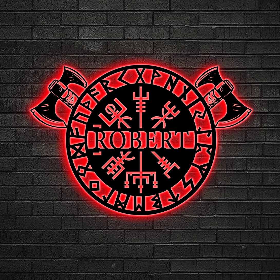 Personalized Vegvisir Viking Compass Metal Sign With Led Lights, Custom Nordic Viking Compass Metal Wall Art, Viking Compass Monogram Metal Sign