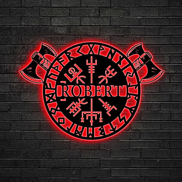 Personalized Vegvisir Viking Compass Metal Sign With Led Lights, Custom Nordic Viking Compass Metal Wall Art, Viking Compass Monogram Metal Sign