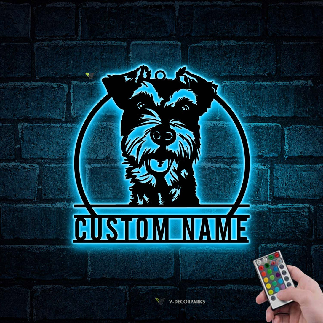 Custom Peeking Miniature Schnauzer Metal Wall Art Led Lights, Personalized Miniature Schnauzer Dog Metal Name Sign, Pet Dog House Led Metal Sign