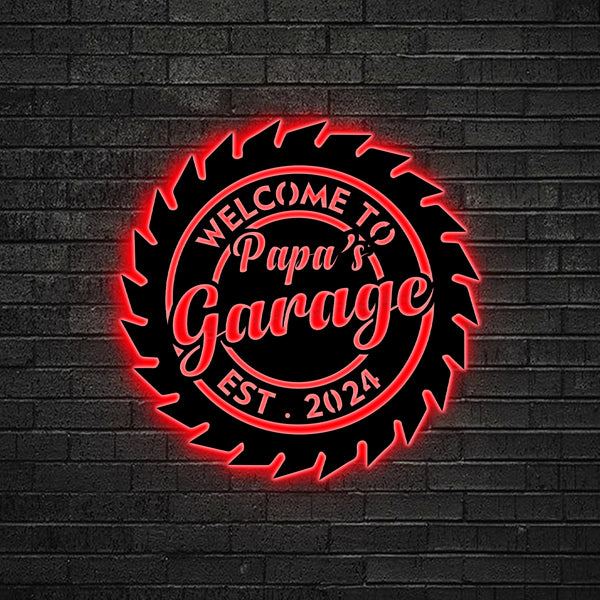 Custom Papa's Garage Saw Blade Metal Sign With Led Lights, Personalized Garage Workshop Metal Name Sign, Mechanic Repair Garage Metal Led Decor