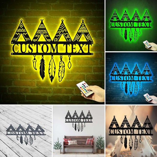 Custom Native American Teepee Metal Wall Art Led Light, Personalized Indian Teepee Metal Sign Home Decor, Camping Housewarming Birthday Gift
