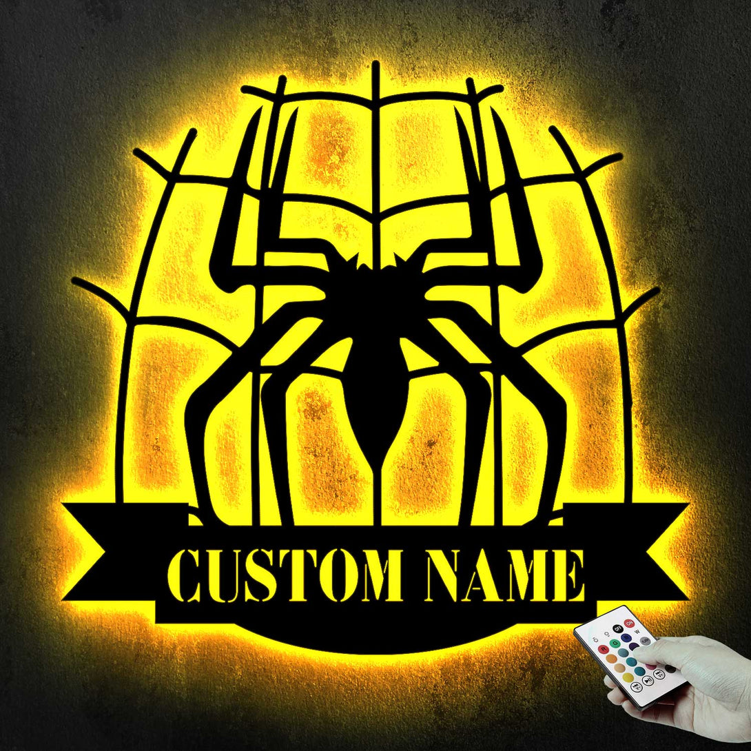 Custom Spider Metal Wall Art With Led Lights, Personalized Creepy Spider Web Metal Sign Home Decor, Halloween Spider Metal Wall Hanging Sign