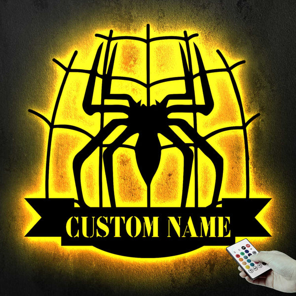 Custom Spider Metal Wall Art With Led Lights, Personalized Creepy Spider Web Metal Sign Home Decor, Halloween Spider Metal Wall Hanging Sign