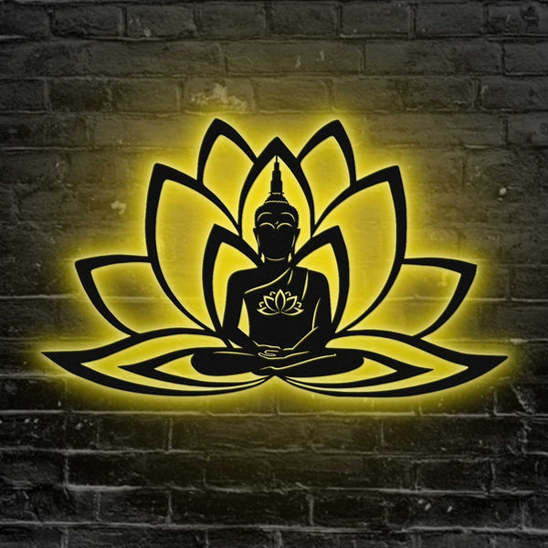 Yoga Buddha Lotus Metal Wall Art With Led Lights, Buddhist Namaste Metal Sign Home Decor, Buddhism Metal Sign Home Decor, Buddha Lotus Metal Art