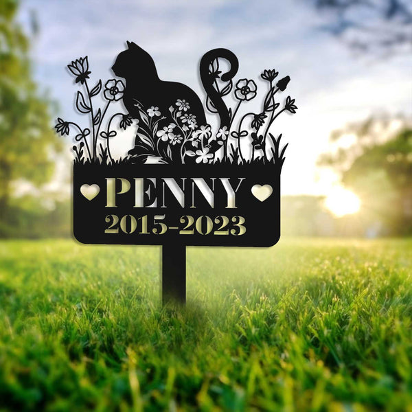Personalized Floral Cat Memorial Plaque Metal Garden Stake, Cat With Flowers Metal Yard Stake, Floral Cat Grave Marker, Pet Loss Remembrance Stake