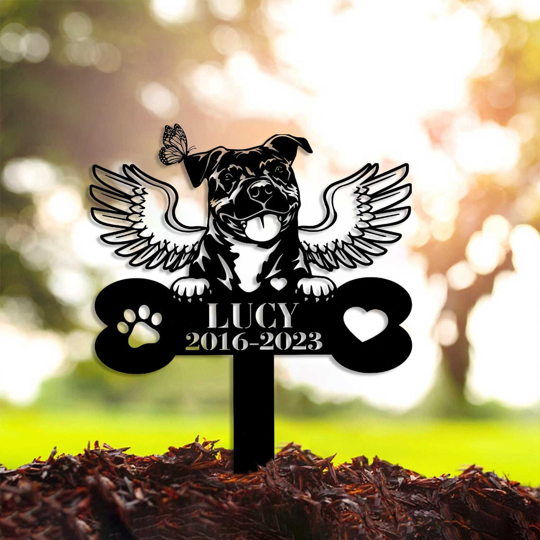 Personalized American Pit Bull Dog Memorial Stake, Custom Dog With Angel Wings Metal Garden Sign, Pet Grave Marker, Dog Loss Remembrance Sign