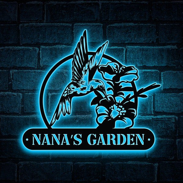 Personalized Flowers Hummingbird Metal Garden Sign With Led Lights, Custom Name Hummingbird Metal Garden Decor, Custom Hummingbird Metal Wall Art