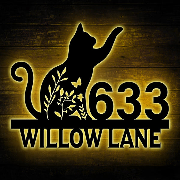 Custom Floral Cat House Number Metal Sign Led Lights, Custom Cat Address Marker Metal Wall Sign, Cat Street House Number Metal Address Sign