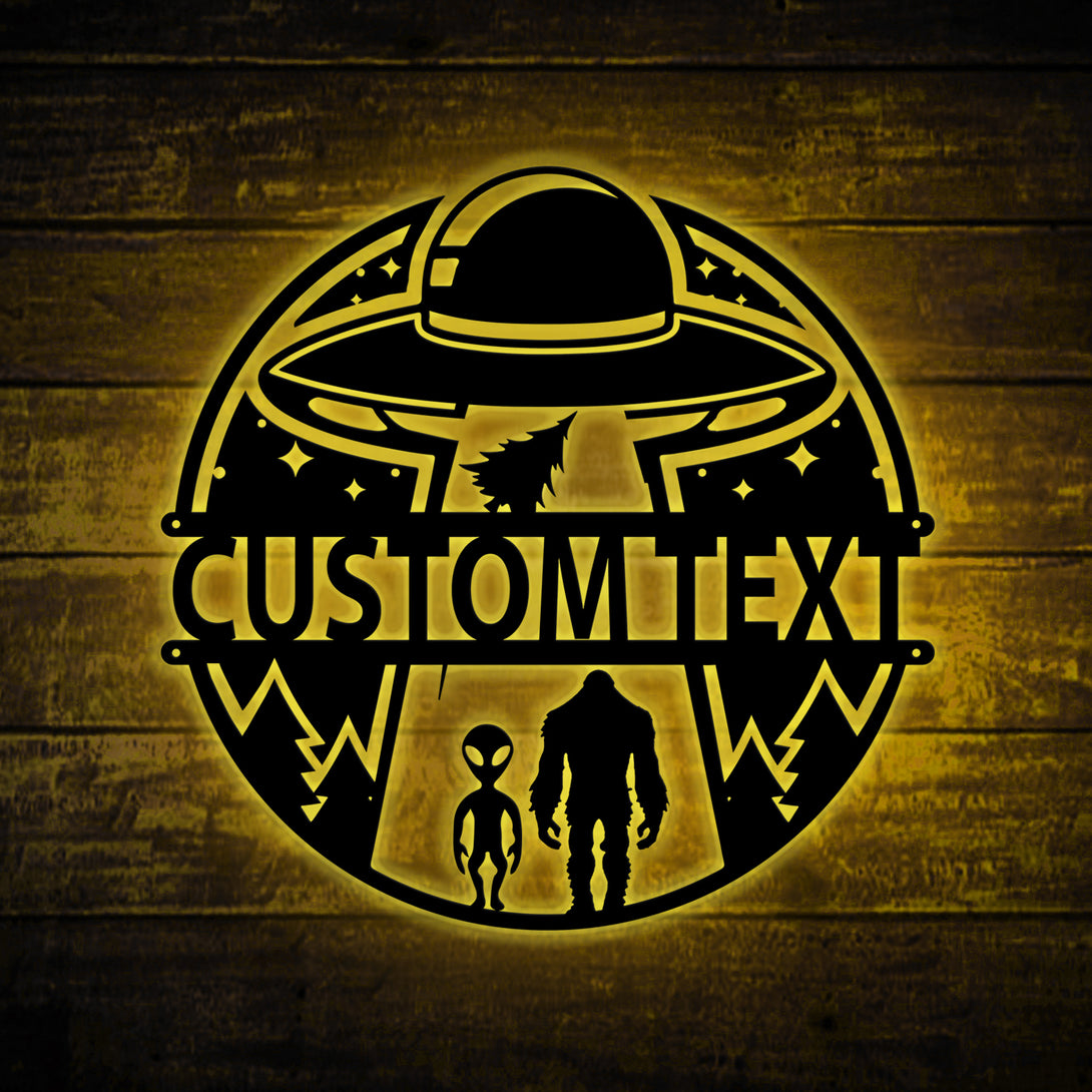 Custom Bigfoot Alien Metal Sign Led Lights, Bigfoot Alien Ufo Metal Art Man Cave Decor, Bigfoot Ufo Led Metal Wall Hanging Sign