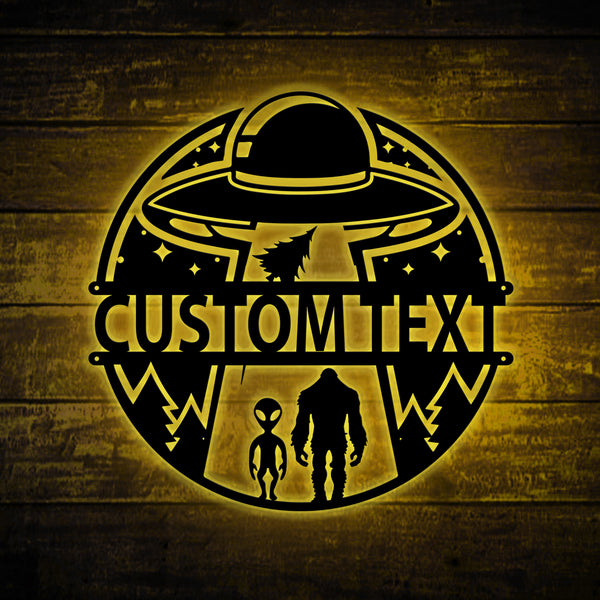 Custom Bigfoot Alien Metal Sign With Led Light, Bigfoot Ufo Metal Sign Man Cave Decor, Alien With Bigfoot Metal Wall Art Home Decor