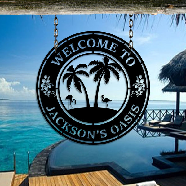 Custom Tropical Patio Metal Sign, Personalised Family Name Palm Tree Oasis Metal Sign, Backyard Poolside Welcome Sign, Beach House Metal Decor