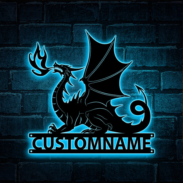 Personalized Mythology Dragon Metal Wall Art With Led Lights, Custom Name Mythical Dragon Metal Sign, Fire Dragon Metal Led Sign Home Decor