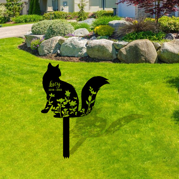 Custom Floral Fluffy Cat Memorial Metal Stake, Cat Memorial Metal Garden Stake, Floral Cat Grave Marker Metal Sign, Pet Loss Remembrance Stake