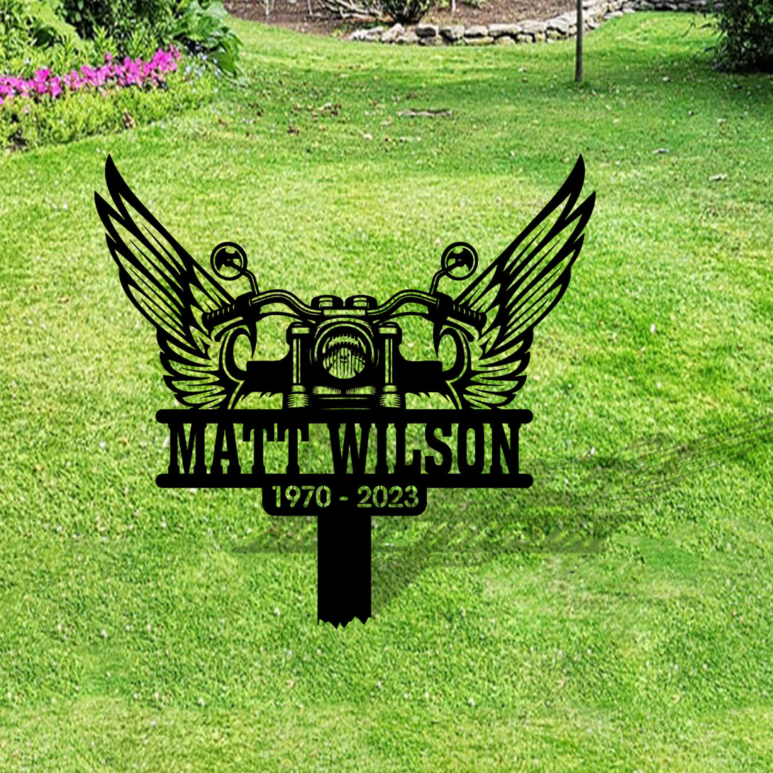 Personalized Motorcycle With Wings Memorial Metal Stake, Motorcycle Rider Loss Metal Grave Marker, Riding With The Angels Metal Garden Stake