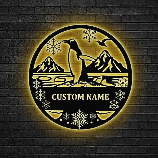 Custom Name Penguin Bird Monogram Metal Sign Led Lights, Personalized Penguin Bird Metal Wall Art, Penguin Led Metal Sign Wall Hanging Home Decor