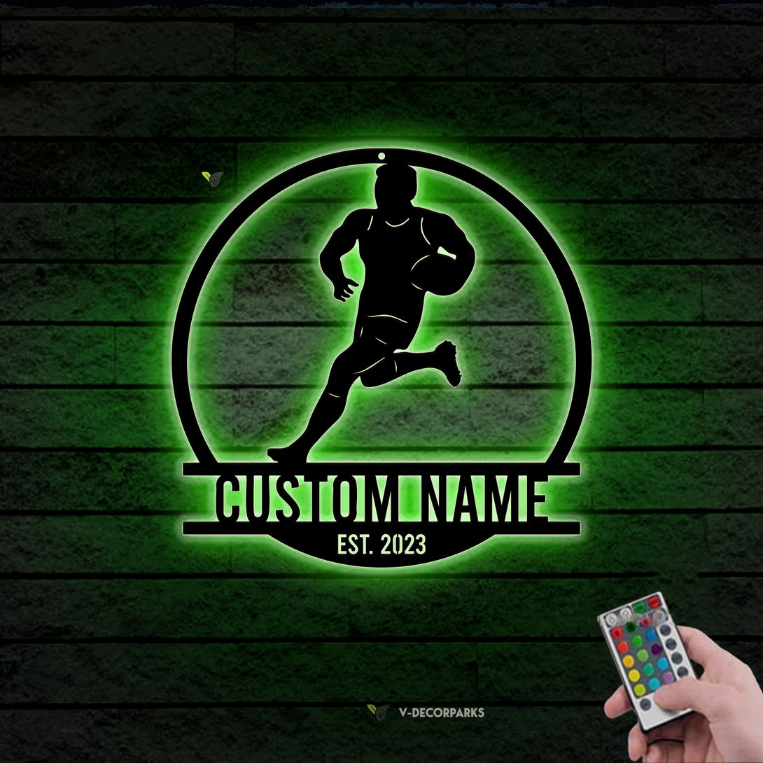 Custom Rugby Player Metal Wall Art With Led Lights, Personalized Rugby Player Metal Name Sign, Rugby Sport Metal Wall Hanging Room Decor