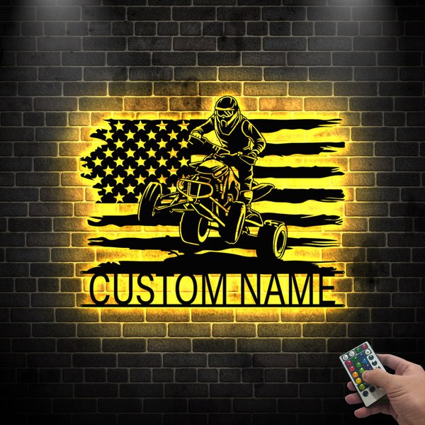 Custom Us Flag Atv Rider Metal Wall Art Led Lights, Personalized Quad Biker Metal Name Sign, Atv Quad Bike Sport Metal Sign Home Decor