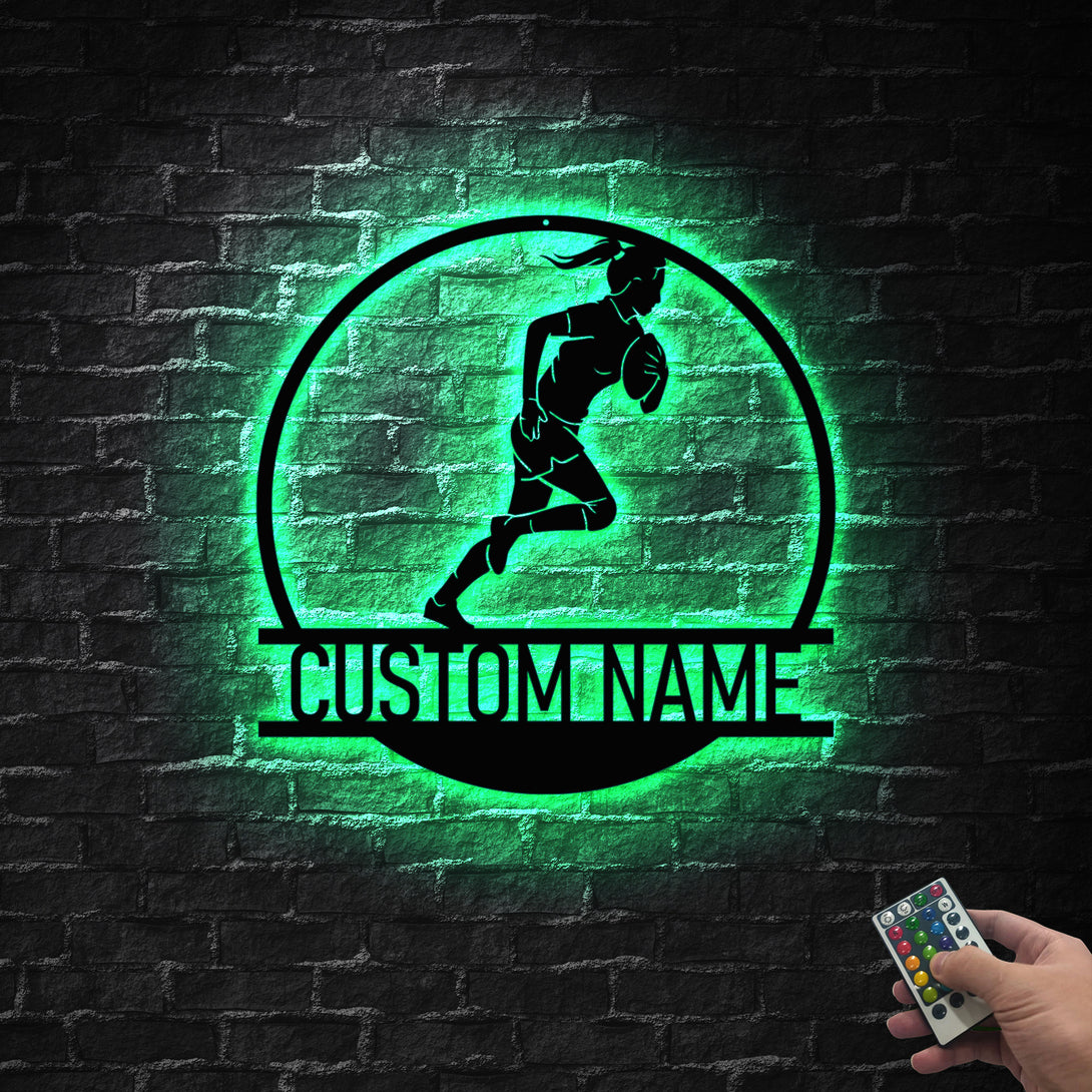 Custom Rugby Girl Player Metal Wall Art Led Lights, Personalized Rugby Player Metal Name Sign, Rugby Sport Metal Wall Hanging Room Decor