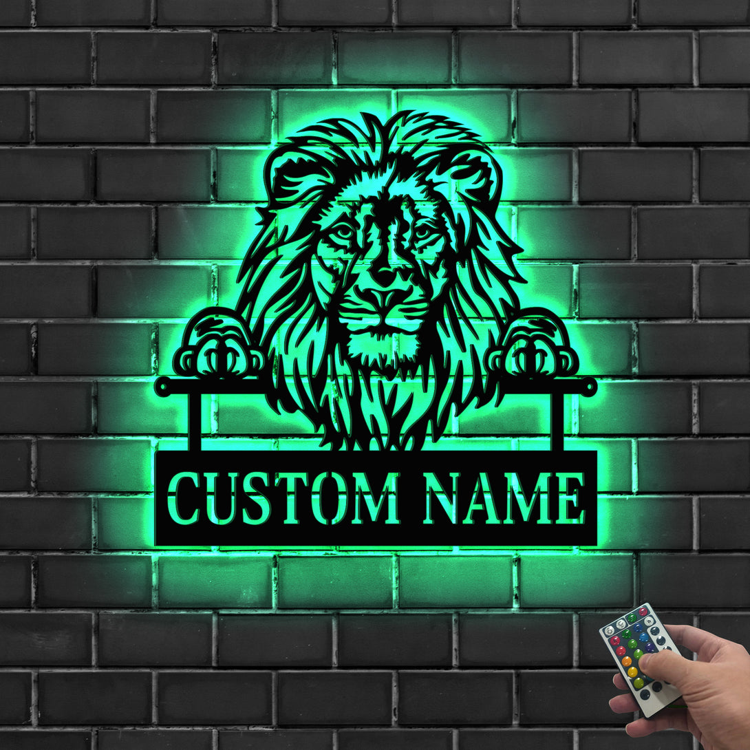 Personalized Lion Metal Wall Art With Led Lights, Custom Lion Metal Name Sign, Lion Head Metal Wall Hanging Home Decor, Wild Lion Metal Sign