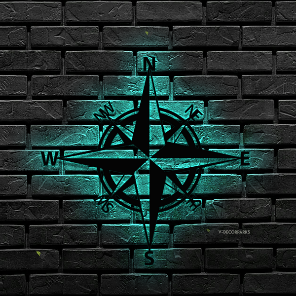 Nautical Compass Rose Metal Wall Art Led Lights, Compass Rose Gps Coordinates Metal Sign Home Decor, Camping Hiking Compass Metal Sign Art