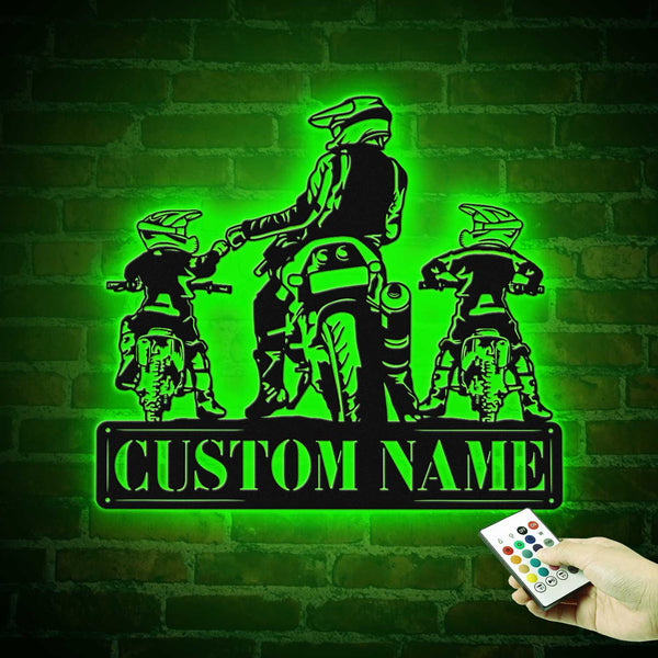 Custom Father And Son Motocross Biker Metal Sign Led Lights, Personalized Dad Son Dirt Bike Metal Name Sign, Family Motorcycle Metal Wall Art