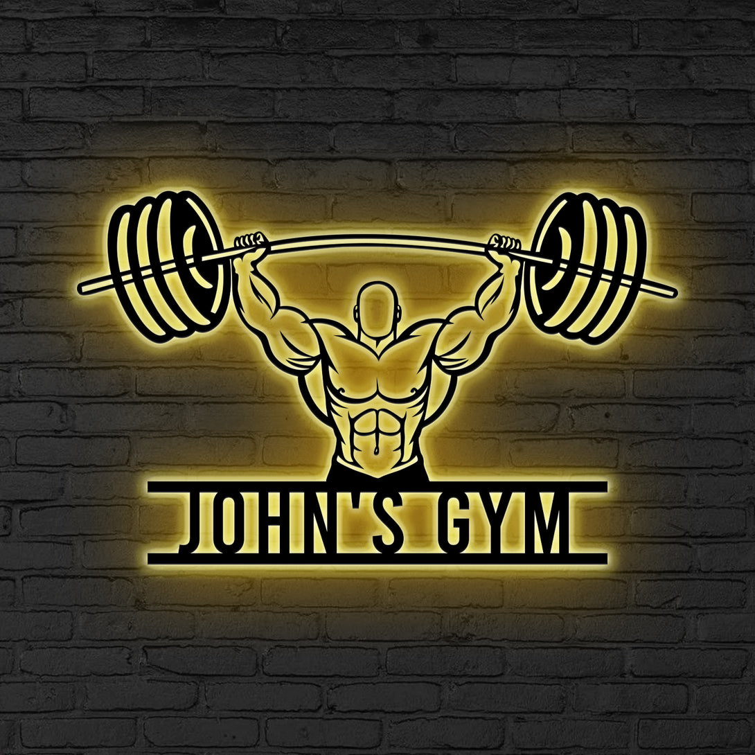 Custom Bodybuilder Gym Metal Wall Art With Led Lights, Personalized Weightlifting Workout Metal Wall Sign, Fitness Home Gym Metal Sign Decor