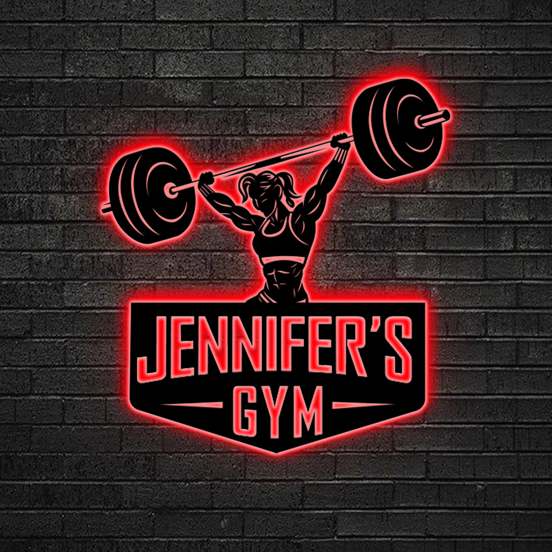 Custom Female Weightlifting Metal Sign Led Lights, Personalized Girl Powerlifting Workout Metal Sign, Bodybuilding Fitness Home Gym Metal Decor