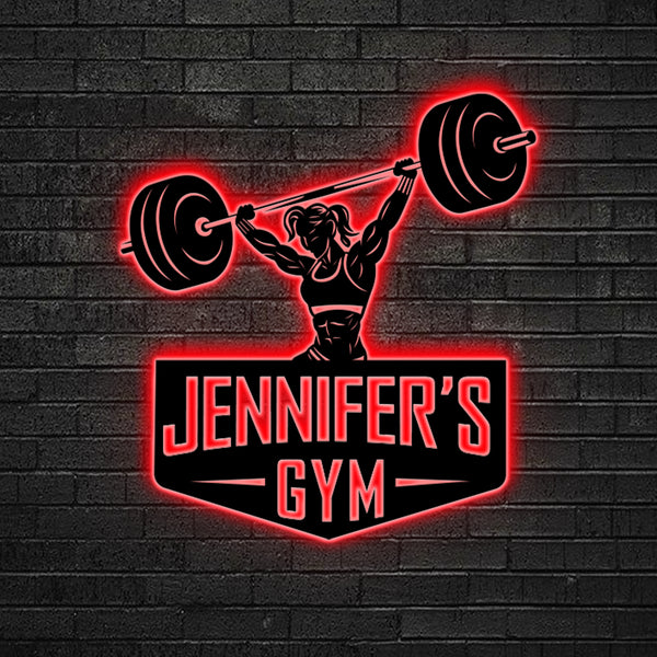 Custom Female Weightlifting Metal Sign Led Lights, Personalized Girl Powerlifting Workout Metal Sign, Bodybuilding Fitness Home Gym Metal Decor