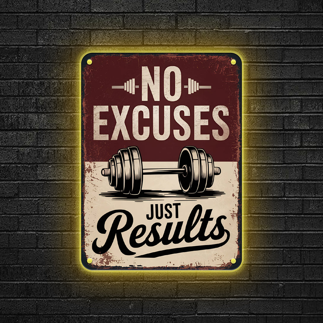 No Excuses Just Results Dumbbell Fitness Metal Sign, Weightlifting Workout Gym Room Metal Wall Art, Home Gym Fitness Room Metal Sign Decor