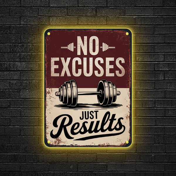 No Excuses Just Results Dumbbell Fitness Metal Sign, Weightlifting Workout Gym Room Metal Wall Art, Home Gym Fitness Room Metal Sign Decor