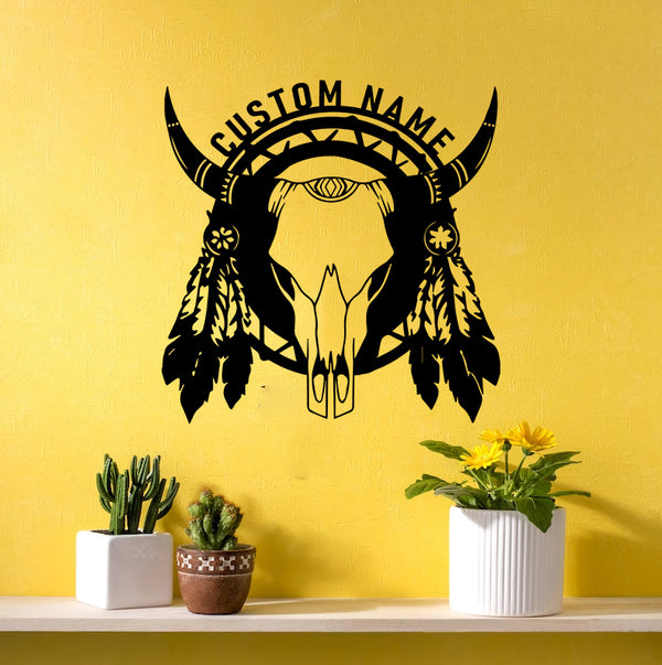 Custom Native American Cow Skull Metal Wall Art, Personalized American Indian Cow Skull Metal Name Sign, Tribal Cow Skull Metal Sign Home Decor