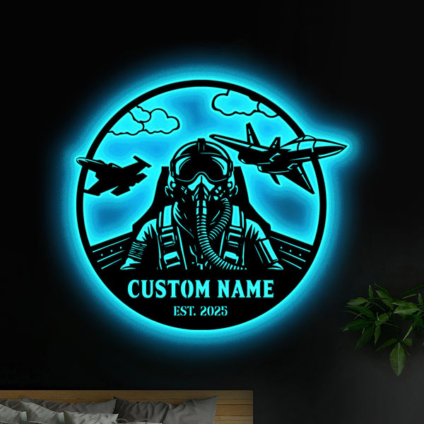 Custom Fighter Jet Pilot Metal Wall Art Led Lights, Personalized Aircraft Air Force Pilot Metal Name Sign, Military Airplane Hangar Metal Decor