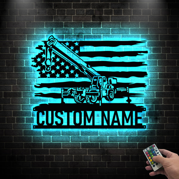 Custom Us Flag Crane Operators Metal Wall Art With Led Lights, Personalized Crane Operators Metal Name Signs, Crane Truck Metal Wall Hanging