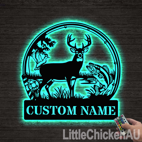 Custom Deer Hunting Fishing Metal Sign Led Lights, Outdoor Hunting Fishing Metal Wall Art, Custom Hunter Metal Name Sign, Hunting Cabin Metal Sign