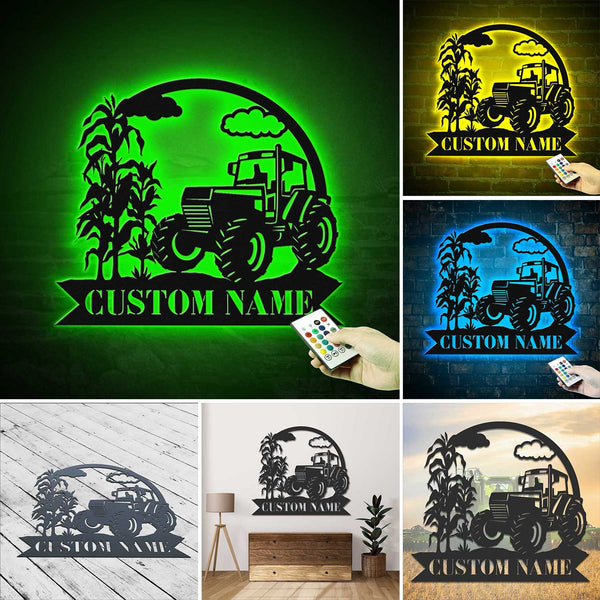 Custom Name Farm Tractor Metal Wall Art Led Lights, Personalized Tractor Driver Farmer Metal Name Sign Home Decor, Farm Truck Metal Wall Decor